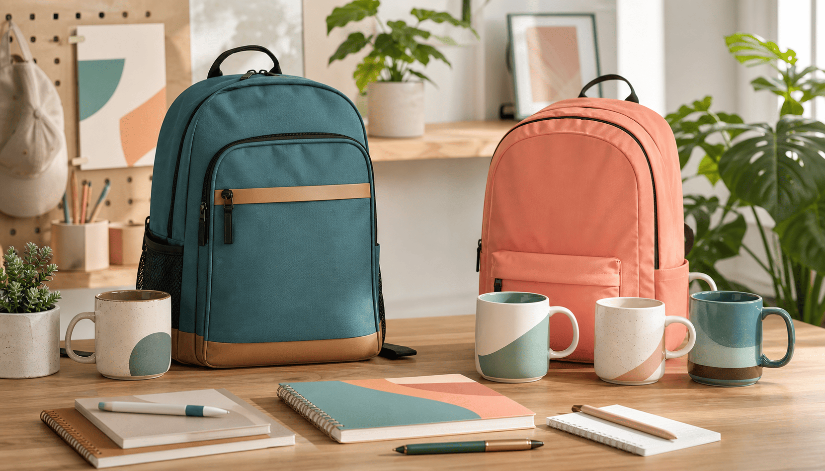Mochilas e canecas organizadas em uma mesa clara