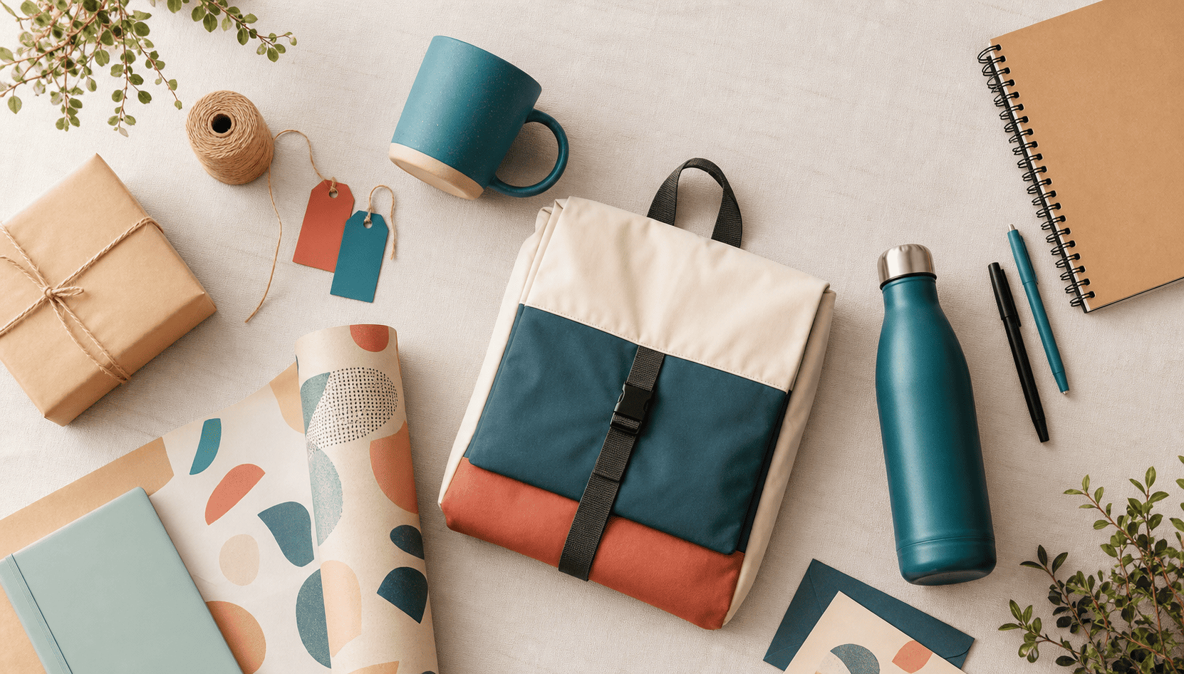 Mochila e canecas em mesa de trabalho organizada